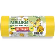 Мешки для мусора Ромашка ПВД 120л «ПРЕМИУМ» в рул.10шт. (желтые 70х110см/35мкм/кор.)/0056